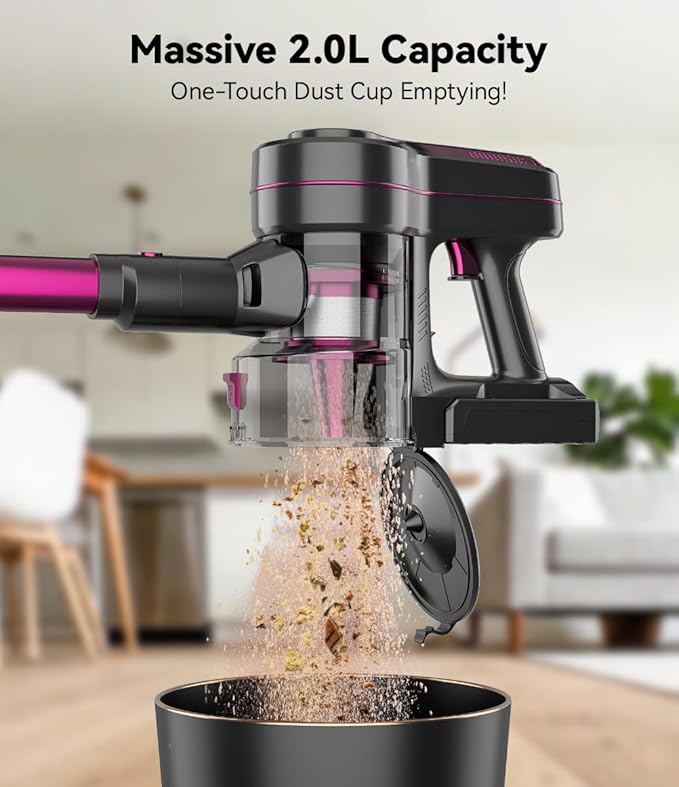 Cordless Vacuum Cleaner for Home,600W 40000PA 70Mins, Self-Standing,Powerful Suction Anti-Tangle Long&Pet Hair, Easily Picks Up Hard/Soft Debris for All Surfaces:Hardwood Floors,Tile,Carpet (Fuchsia)
