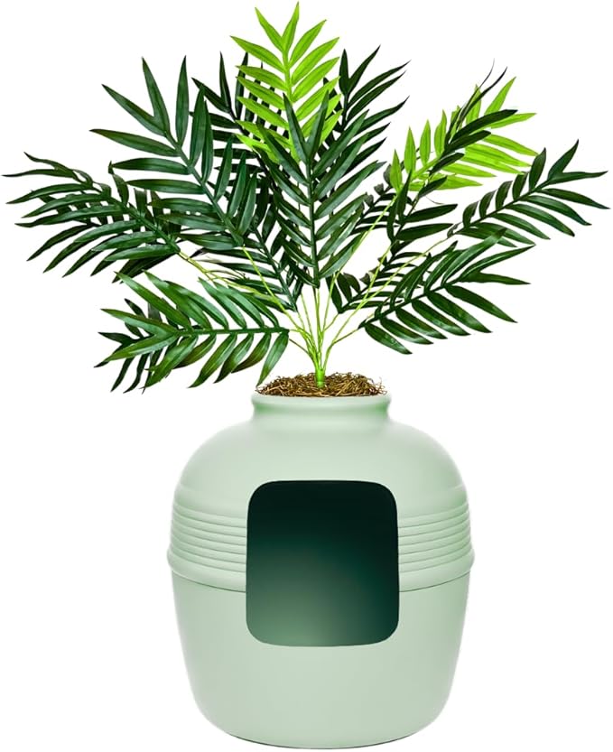 Good Pet Stuff Hidden Litter Box Planter, Decorative Cat Litter Enclosure with Carbon Filter & Faux Plant, Made in USA, Odor Control, Improved Design, NEW Round Style, Base Kit, Sage Green