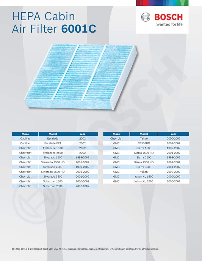 BOSCH 6001C HEPA Cabin Air Filter - Compatible with Select Cadillac Escalade; Chevrolet Avalanche, Silverado, Suburban, Tahoe; GMC Sierra, Yukon, Yukon XL