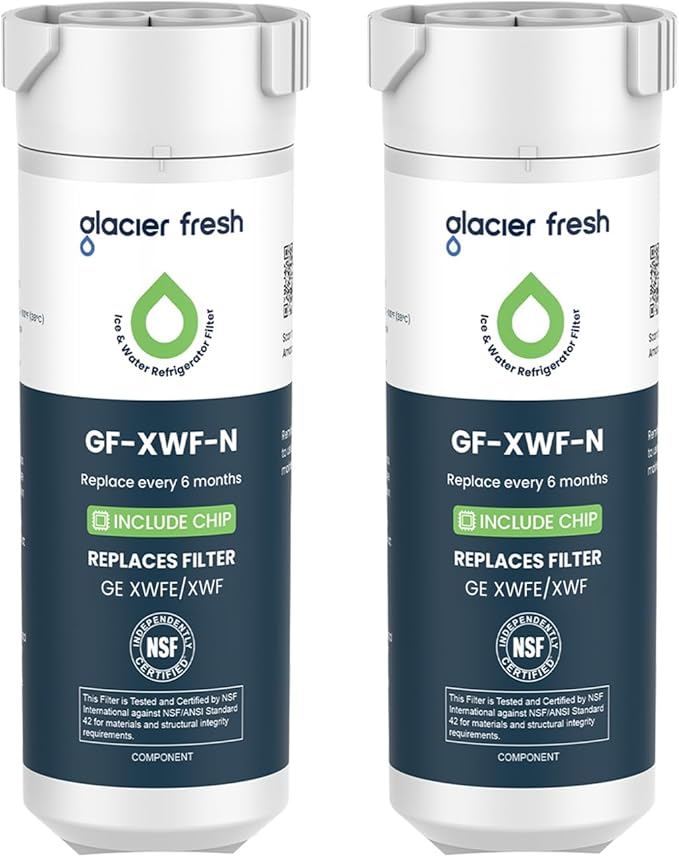 GLACIER FRESH Water Filter Compatible with XWFE (Built-in CHIP), Replacement for GE XWFE, XWF Refrigerator Water Filter NSF/ANSI 42 Certification Pack of 2