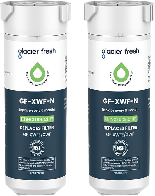 GLACIER FRESH Water Filter Compatible with XWFE (Built-in CHIP), Replacement for GE XWFE, XWF Refrigerator Water Filter NSF/ANSI 42 Certification Pack of 2