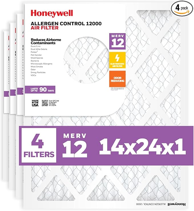 Honeywell 14x24x1 MERV 12 Electrostatic Pleated HVAC AC Furnace Air Filter (4-Pack) | Replacement Filter for Home Use | Made in USA