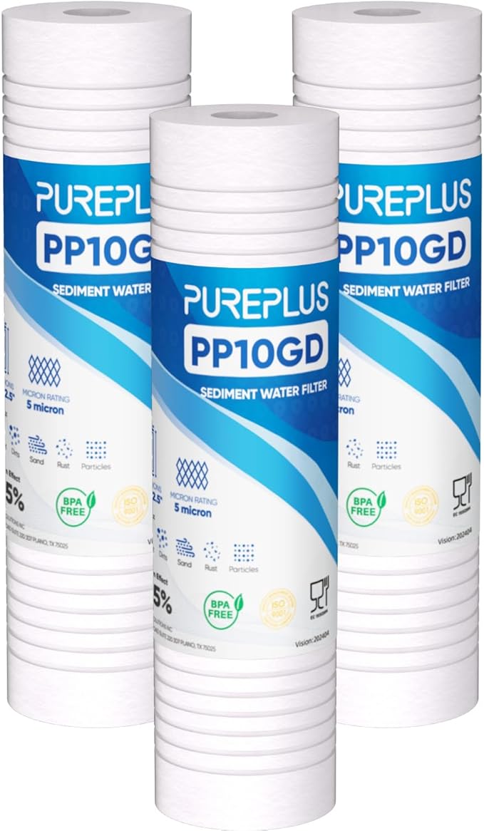 PUREPLUS 5 Micron 10" x 2.5" Whole House Grooved Sediment Home Water Filter, Replacement Cartridge for 10 inch RO Pre-Filter & RV Housing, AO-WH-PREV-R2, AP110, WHKF-G05,AB-SGR5M, GXWH20S,CFS10, 3Pack