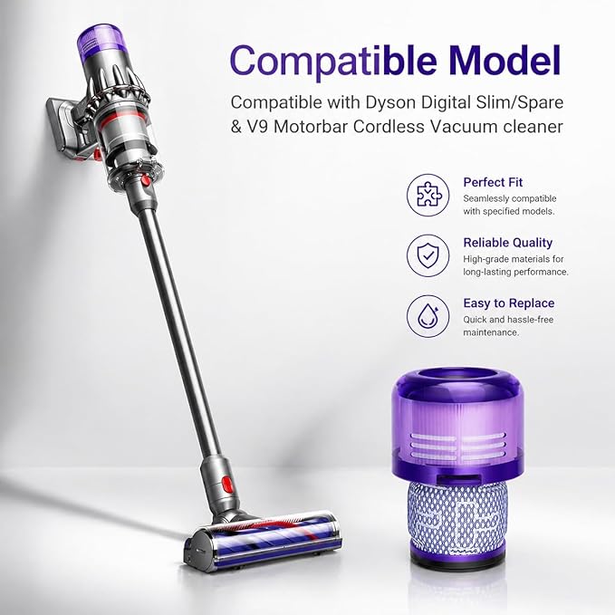 2 Pack SV18 V9 Filter Replacement for Dyson Digital Slim/Spare & V9 Motorbar Cordless Vacuum, Part No. 970612-01
