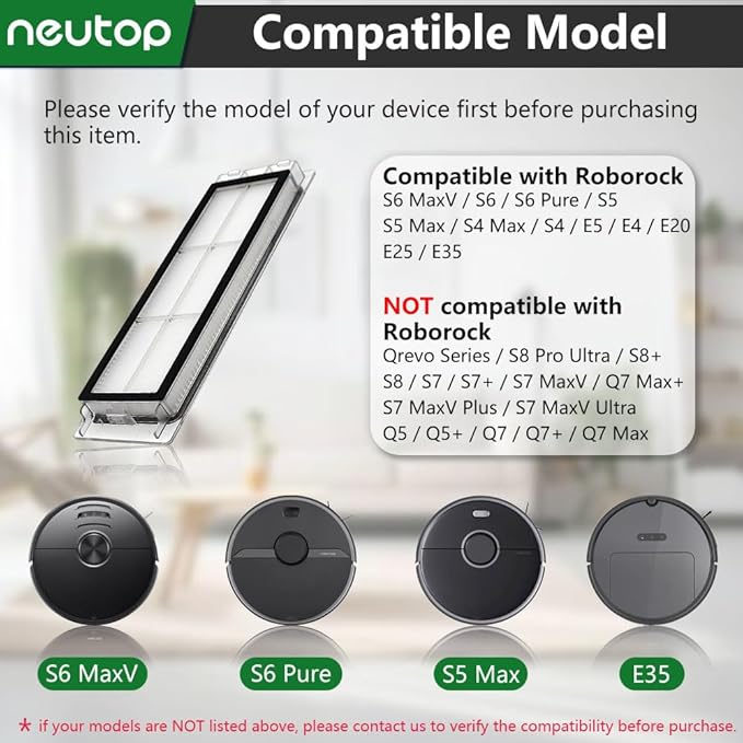 Replacement Filters Parts, Compatible with Roborock S6 MaxV/Pure, S6, S5, S5 Max, S4 Max, S4, E5, E4, E20, E25, E35, Robot Vacuums, 8-Pack.