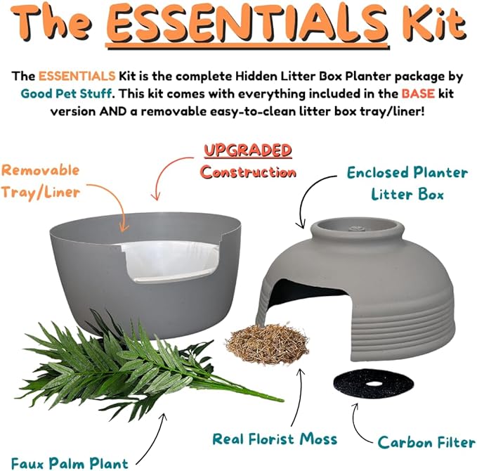 Good Pet Stuff Hidden Litter Box Planter, Decorative Cat Litter Enclosure with Carbon Filter & Faux Plant, Made in USA, Removable Liner, Odor Control, NEW Round Style, Essentials Kit, Pebble Gray