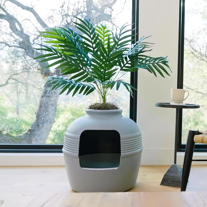 Good Pet Stuff Hidden Litter Box Planter, Decorative Cat Litter Enclosure with Carbon Filter & Faux Plant, Made in USA, Removable Liner, Odor Control, NEW Round Style, Essentials Kit, Pebble Gray