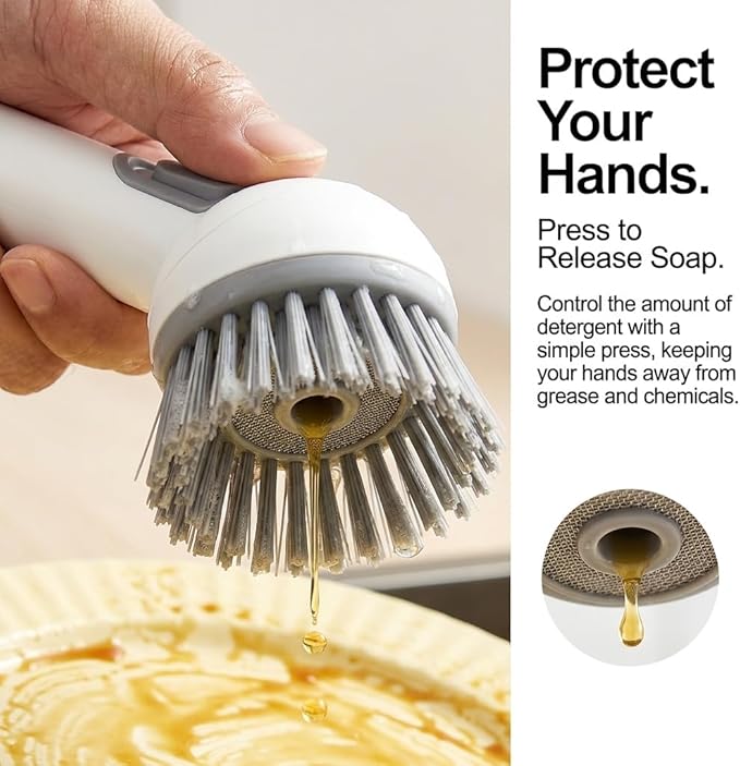 Rotatable Kitchen Cleaning Brush with Built-in Soap Dispenser for Non-Stick Pans, Stainless Steel Pots, Ceramic Cookware, Range Hood Filters, Oven Grates