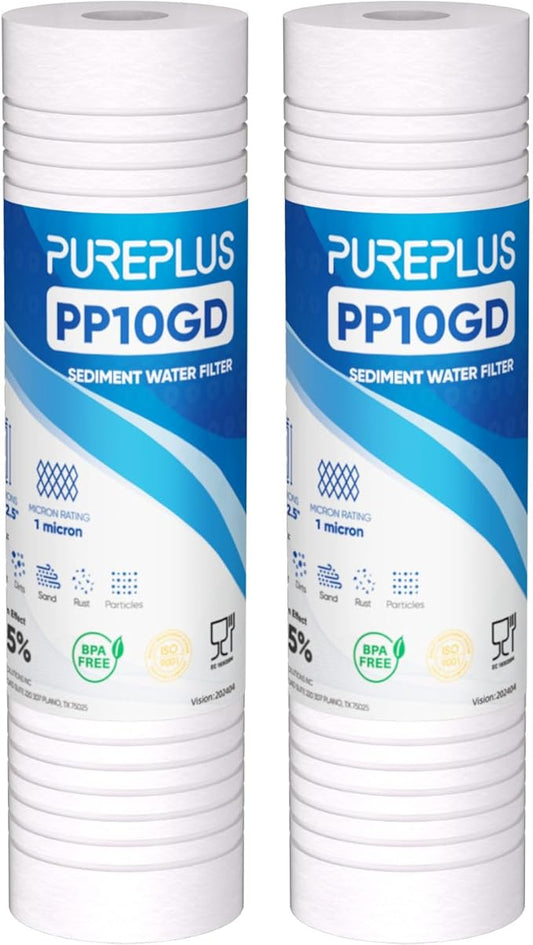 PUREPLUS 1 Micron 10" x 2.5" Whole House Grooved Sediment Home Water Filter, Replacement Cartridge for 10 inch RO Pre-Filter & RV Housing, AO-WH-PREV-R2, AP110, WHKF-G05,AB-SGR5M, GXWH20S,CFS10, 2Pack