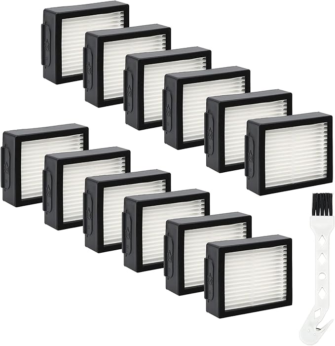 HEPA Filters Replacement for iRobot Roomba E I & J Series i7 i7+/plus i3 i3+ E5 E6 E7 i4 i4+ i5 i5+ i6 i6+ i8 i8+ Vacuum Cleaner, 12 Pack High Efficiency Filters + 1 Cleaning Brush