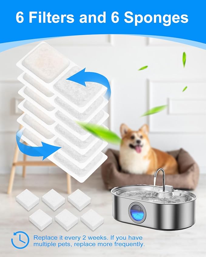 Pet Water Fountain Replacement Filters Compatible with 3.4Gal/13L Large Dog Water Fountain, Carbon and Sponge Filters for Pet Fountain Water Bowl, Filtered Dog Water Bowl (6 Pack)