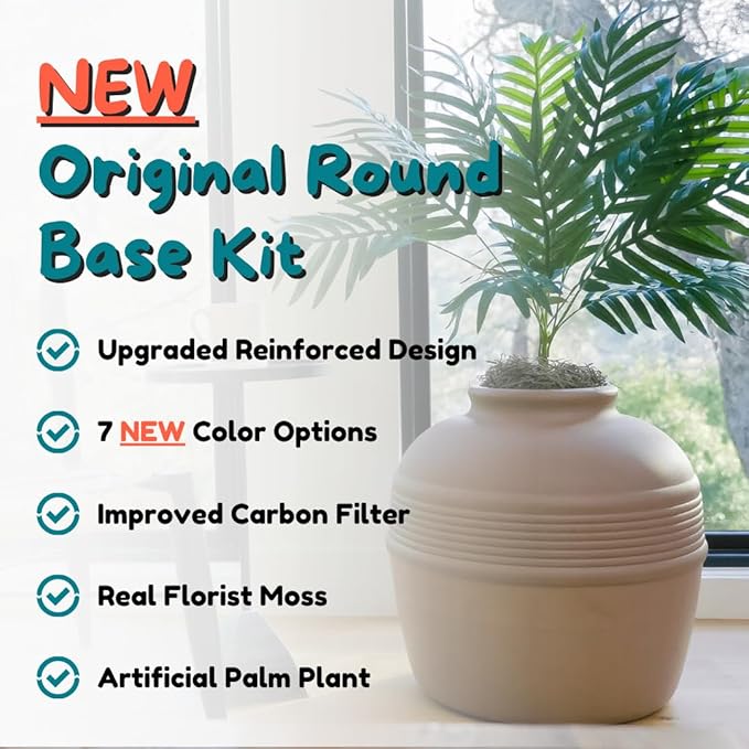 Good Pet Stuff Hidden Litter Box Planter, Decorative Cat Litter Enclosure with Carbon Filter & Faux Plant, Made in USA, Odor Control, Improved Design, NEW Round Style, Base Kit, Chestnut Brown