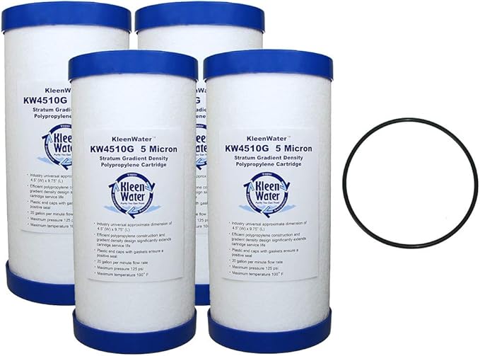 KleenWater KW4510G Dirt Rust Sediment Filter Multi-Pack, Whole House Water Filter Replacement Cartridge, Set of 4, PWFRG357 O-Ring, Qty 1