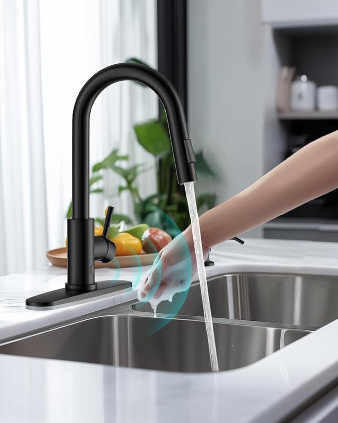 APPASO Black Kitchen Faucet Touchless, CUPC-Certified Hoses, Lead-Free Smart Motion Sensor Sink Faucets with Soap Dispenser and Pull Down Sprayer 2 Modes, High Arc S304 Stainless Steel