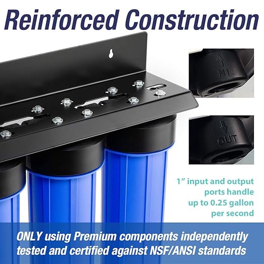 iSpring WGB32B+AHPF12MNPT16X2 3-Stage Whole House Water Filter System, Reduces Chlorine, Sediment Home Water Filtration System w/ 3/4'' Push-Fit Braided Stainless Steel Hose Connectors