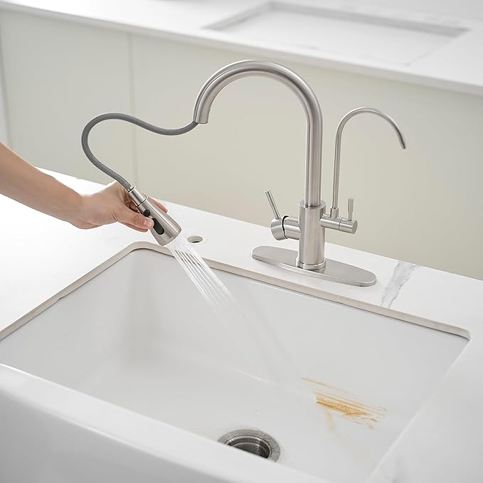 Kitchen Faucets with Water Filter and Pull Down Sprayer,Kitchen Sink Faucet,Two Handle Sink Faucet with Pull Down Sprayer for 3 Function,Without Water Filtration Device,Brushed