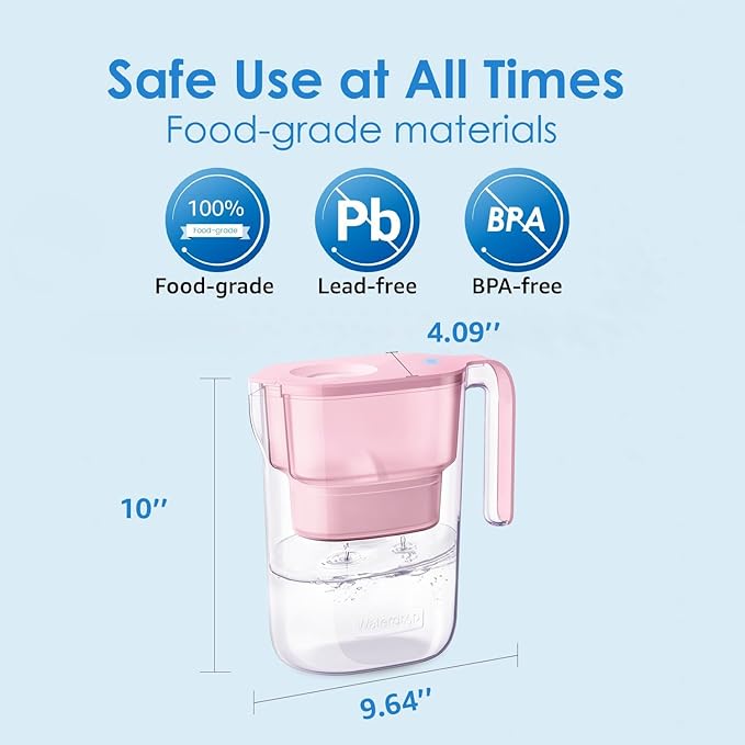Waterdrop PT-05P Water Filter Pitcher with 4 Filters, 7-Cup Capacity, NSF Certified, 5X Longer Filter Life, Up to 800 Gallons, Fridge-Friendly Design, Reduces PFOA/PFOS and Chlorine, Pink