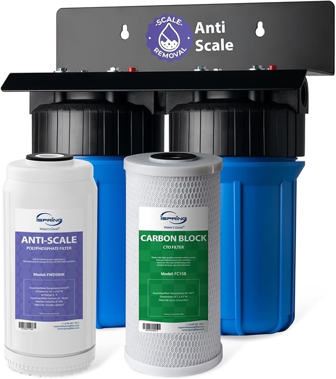 iSpring WGB21B-DS 2-Stage Whole House Water Filtration System, with 10" x 4.5" Sediment CTO(Chlorine, Taste, and Odor) Filter, Anti-Scale polyfilter, 1" Inlet/Outlet