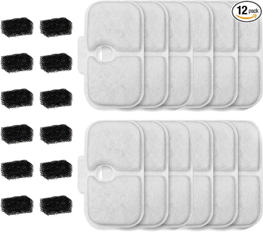12 Packs Cat Water Fountain Filter Replacement Compatible with Dockstream Cat Water Fountain PLWF005/PLWF115/PLWF105/PLW106/PLWF116/PLWF305,Replacement Filter with Pre-Filter Sponge