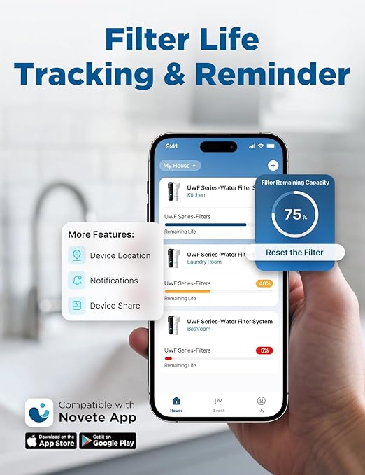 NOVETE Under Sink Water Filter, Upgraded 30K Gallons, NSF/ANSI 42 & 372 Certified, Reduces 99.5% Chlorine, Lead, PFOA/PFOS, Bad Taste, Direct Connect to Kitchen Faucet, USA Tech, UWF1A-PC-1, Black