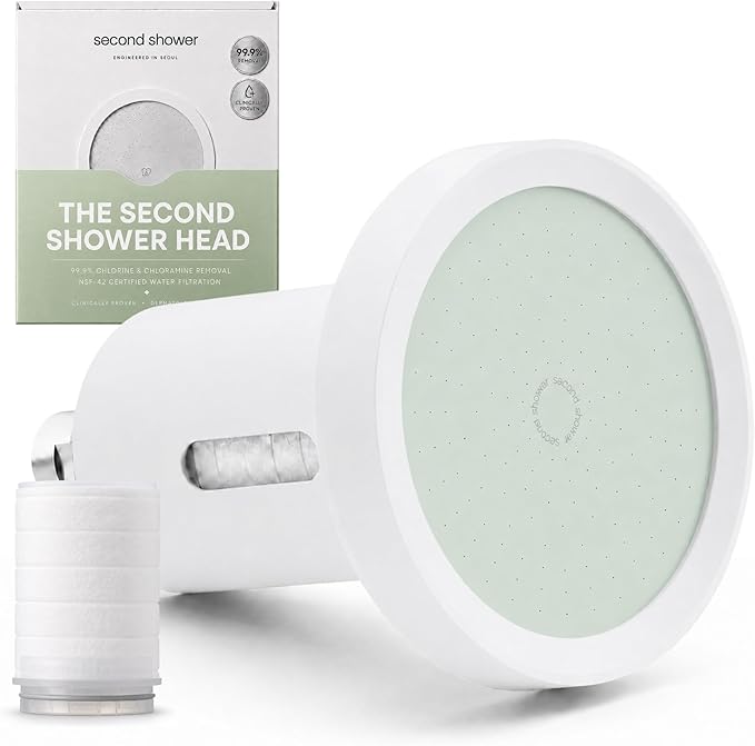 SecondShower Filtered Shower Head for Hard Water, Clinically Proven, NSF Certified 99.9% Chlorine Removal, High Pressure, Korean Beauty Secret Natural Filter (Matte White (Forest Green))