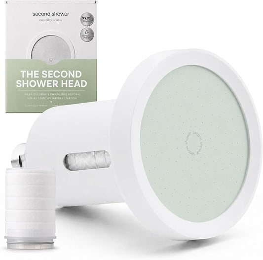 SecondShower Filtered Shower Head for Hard Water, Clinically Proven, NSF Certified 99.9% Chlorine Removal, High Pressure, Korean Beauty Secret Natural Filter (Matte White (Forest Green))