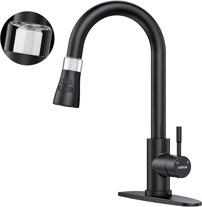 Kitchen Faucet with Pull Down Sprayer, Hurran Matte Black Water Filter Faucets, High Arc Single Handle Kitchen Sink Faucet 1 or 3 Hole, Utility Sink Faucets with Deck Plate for Farmhouse Rv Wet Bar