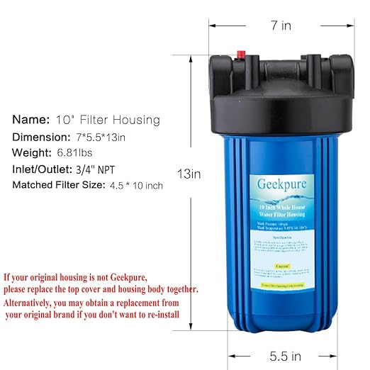 Geekpure 10-Inch Whole House Water Filter Housing with Wrench and Bracket-4.5 x 10 Inch-3/4-Inch Port-Pack of 4