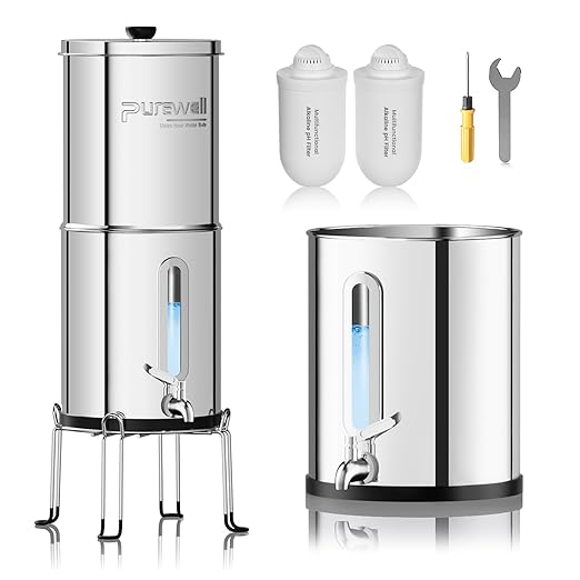 Purewell Upgraded 9-Stage Gravity Water Filter System with Water Level Window, 0.01μm Ultra-Filtration Countertop System with 2 Filters and Stand, pH 8-9, Reduce 99% Chlorine, BO-PH-2.25G