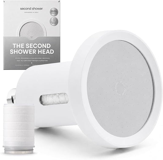 SecondShower Filtered Shower Head for Hard Water, Clinically Proven for Skin Health, NSF Certified 99.9% Chlorine Removal, High Pressure, Korean Beauty Secret Natural Filter Matte White - Pure Silver