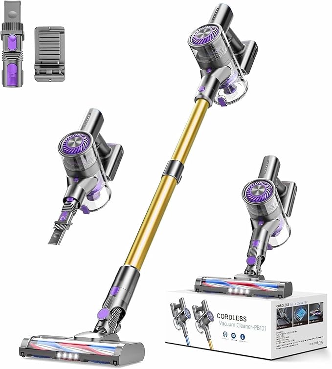 MBTTODF Cordless Vacuum Cleaner for Home & Pet Hair – Lightweight Stick Vacuum with 40-Min Runtime, Anti-Tangle Brush & LED Headlight, for Hardwood, Carpet & Tile(Yellow-Purple)