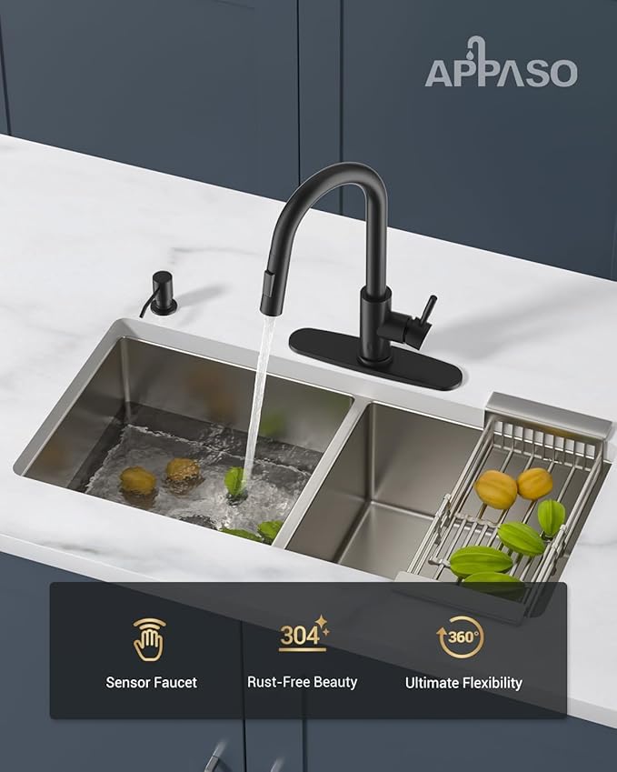 APPASO Black Kitchen Faucet Touchless, CUPC-Certified Hoses, Lead-Free Smart Motion Sensor Sink Faucets with Soap Dispenser and Pull Down Sprayer 2 Modes, High Arc S304 Stainless Steel