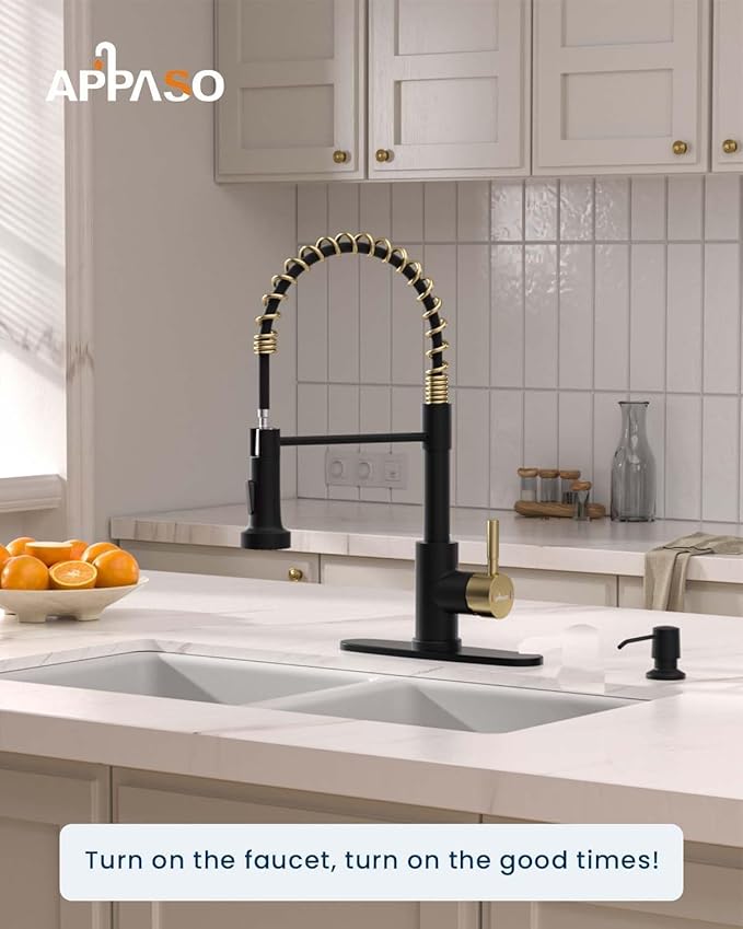 APPASO Black and Gold Kitchen Faucet with Soap Dispenser, Pull Down Kitchen Faucet Commercial Single Handle High Arc Tap, cUPC-Certified Pull-Out Hose, Water Supplies and Valve Core