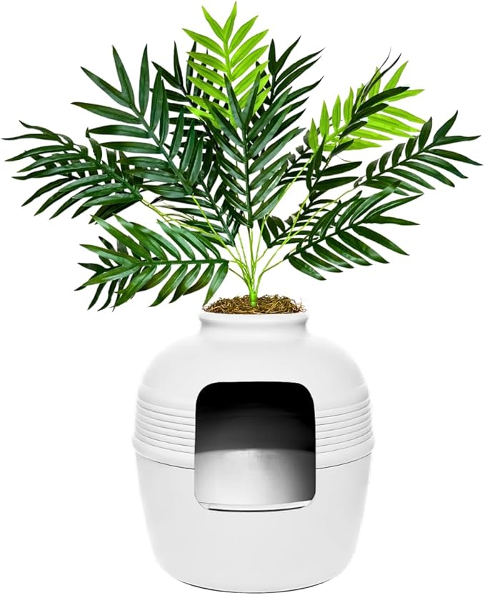Good Pet Stuff Hidden Litter Box Planter, Decorative Cat Litter Enclosure with Carbon Filter & Faux Plant, Made in USA, Removable Liner, Odor Control, NEW Round Style, Essentials Kit, Classic White