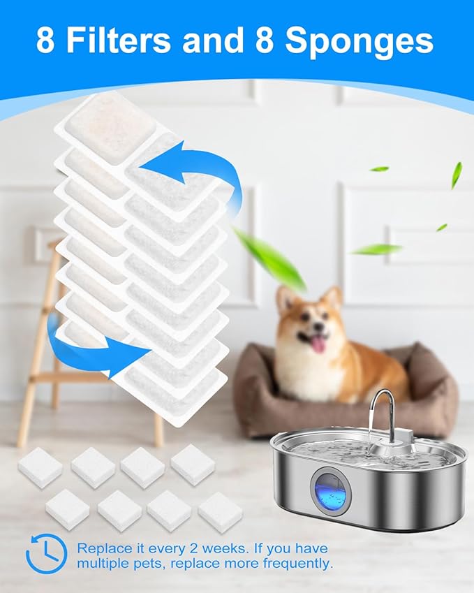 8+8 Pack Dog Water Fountain Filter for Large Dogs, Compatible with 3.4Gal/13L Pet Fountains, Carbon Filters and Sponge for Pet Water Bowl, Stainless Steel Dog Fountain Filters