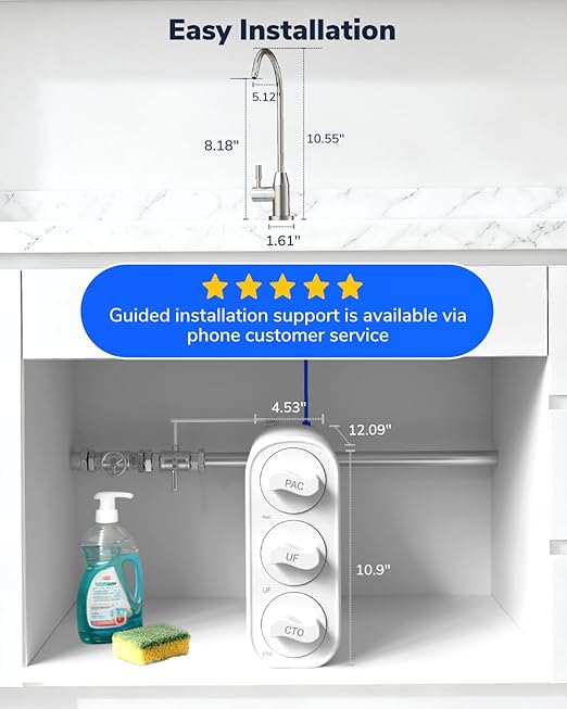 Ecoviva UF800G 0.01μm Ultra-Filtration Under Sink Water Filter Meet NSF 42 / 372 Standards Tankless Ultra Compact Design, No Electricity & Wastewater, Preserve Beneficial Minerals No TDS Reduction