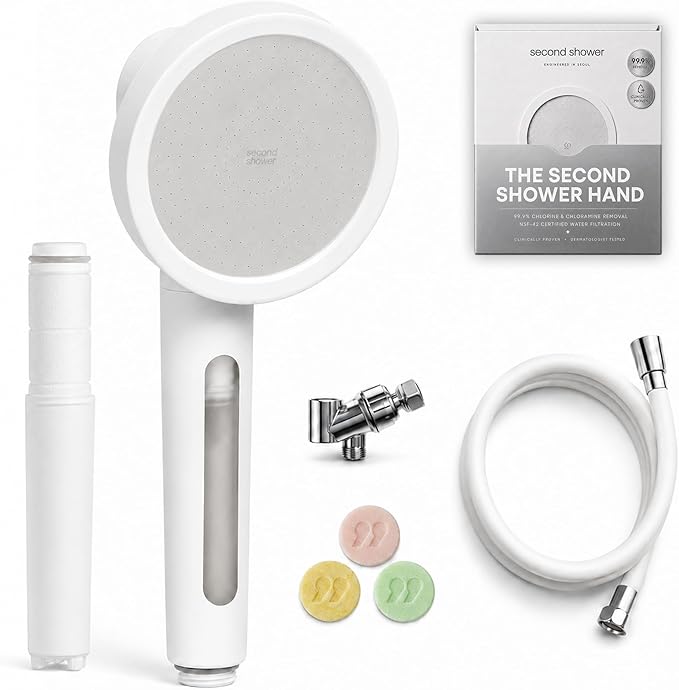 SecondShower Filtered Shower Head with Handheld for Hard Water - NSF Certified 99.9% Chlorine Removal, High Pressure, Korean Vitamin C Filter for Soft Skin & Hair (Pure Silver)