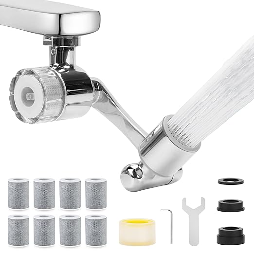1080° Rotating Faucet Extender & Water Filter, 2-Spray Mode Aerator with Robotic Arm, Universal 3-Size Fit, Removes Chlorine & Impurities for Skin Care & Kitchen