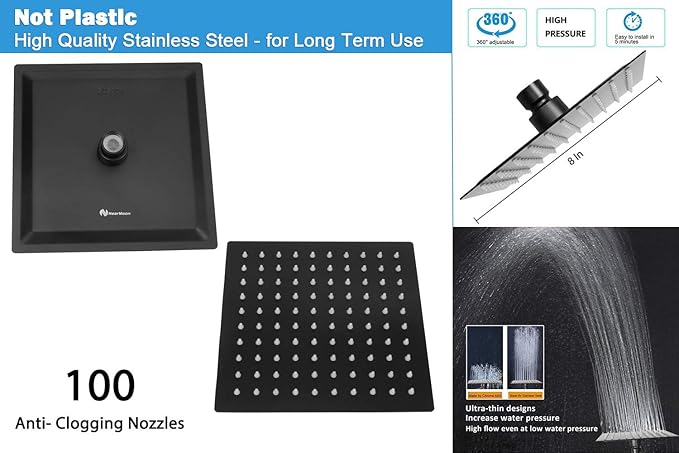 NearMoon Square Shower Head and 15 Stage Shower Filter Combo, High Pressure Filtered Head for Hard Water, Improves the Condition of Your Skin, Hair (Matte Black)