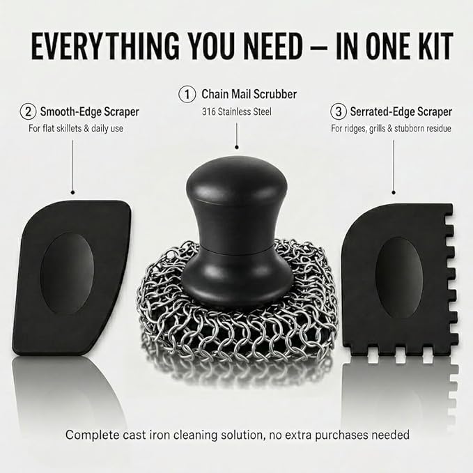 Cast Iron Scrubber and Scraper | 316 Chainmail Scrubber for Cast Iron Pan Skillet Cleaner | Chain Mail Scrubber for Dishes Pots Wok Griddle Grill | Dish Scouring Pad Dishwasher Safe, Black 01