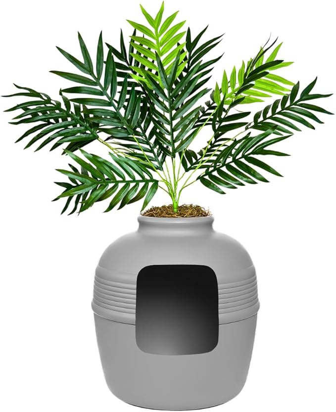 Good Pet Stuff Hidden Litter Box Planter, Decorative Cat Litter Enclosure with Carbon Filter & Faux Plant, Made in USA, Odor Control, Improved Design, NEW Round Style, Base Kit, Pebble Gray