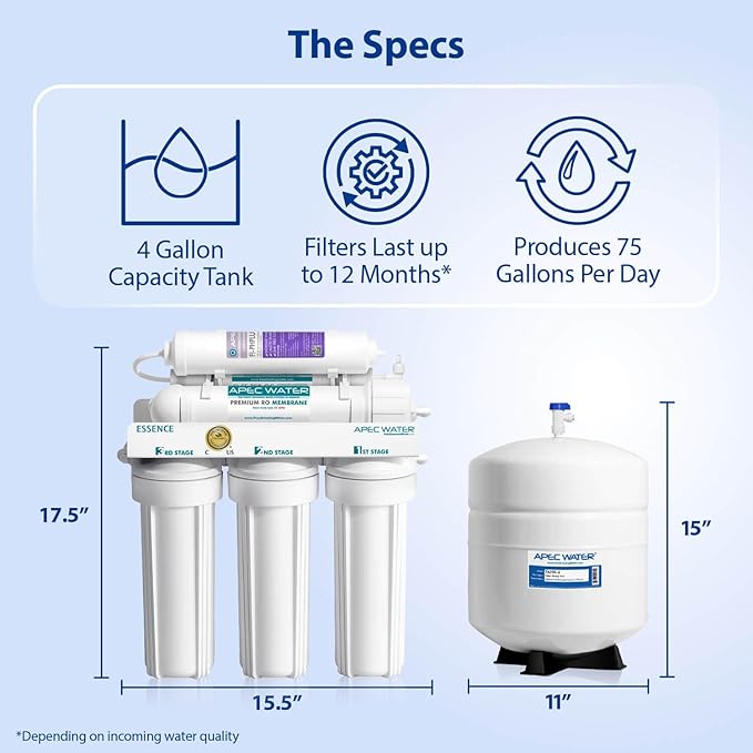 APEC Water ROES-PH75, 6-Stage Alkaline Under Sink Reverse Osmosis Water Filter System, NSF Certified 372 & 58, 75 GPD, Reduces 99% of Impurities
