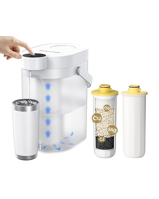 Waterdrop ED11W Rechargeable Water Filter Dispenser with 2 Filters, 5-Stage Long-Life Instant Electric Powerful Pitcher, Reduce 70+ Contaminants, Soften Water, 15-Cup Portable Countertop System, White
