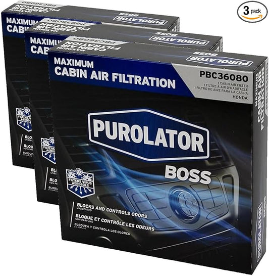 Purolator PBC36080 PurolatorBOSS Automotive Cabin Air Filter with Febreze & Activated Carbon, Car & Truck Passenger Compartment OEM Filter Replacement for Honda CRV, Civic, HR-V, and more (Pack of 3)