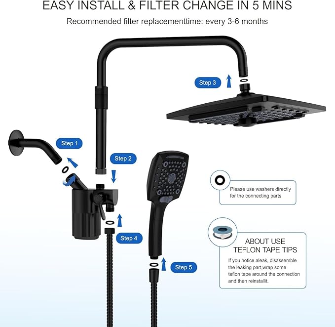 ELLO&ALLO Filtered Rain Shower Head with Handheld Spray, Rainfall Shower Head Combo with 59" Hose, Dual Showerhead Set with Adjustable Shower Extension Arm, Matte Black