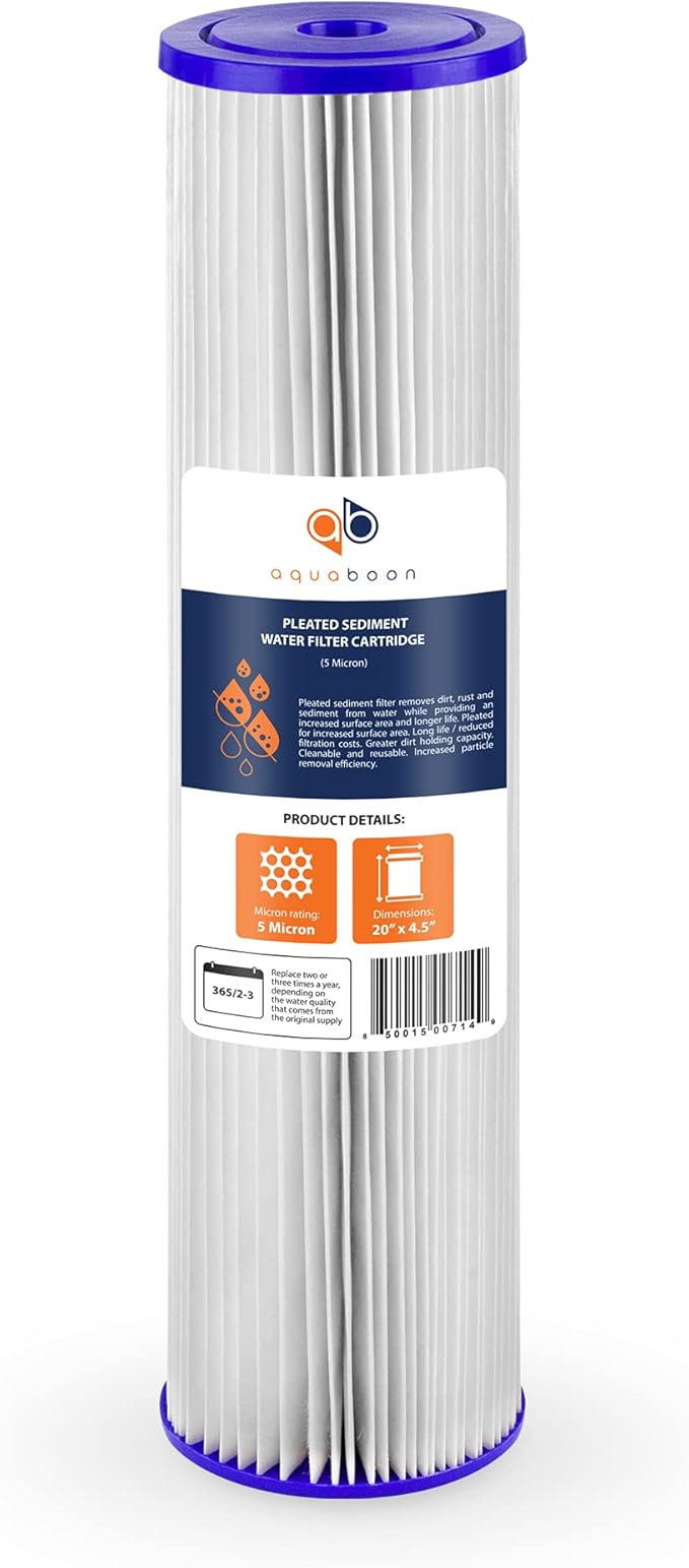 Aquaboon 5 Micron 20 x 4.5 Whole House Pleated Water Sediment Filter Replacement Water Filter Cartridge Compatible with ECP5-20BB, SPC-45-2005, 2-Pack