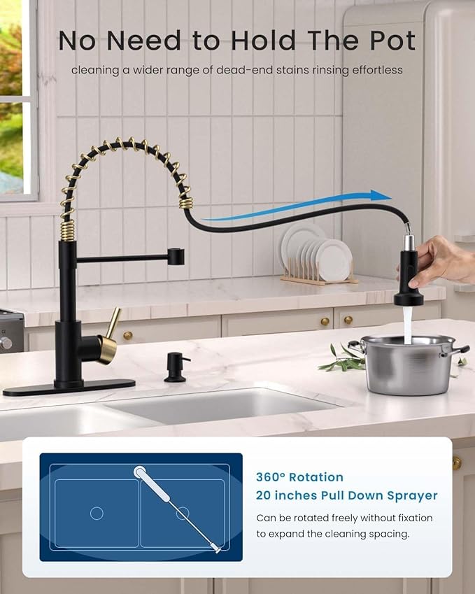 APPASO Black and Gold Kitchen Faucet with Soap Dispenser, Pull Down Kitchen Faucet Commercial Single Handle High Arc Tap, cUPC-Certified Pull-Out Hose, Water Supplies and Valve Core