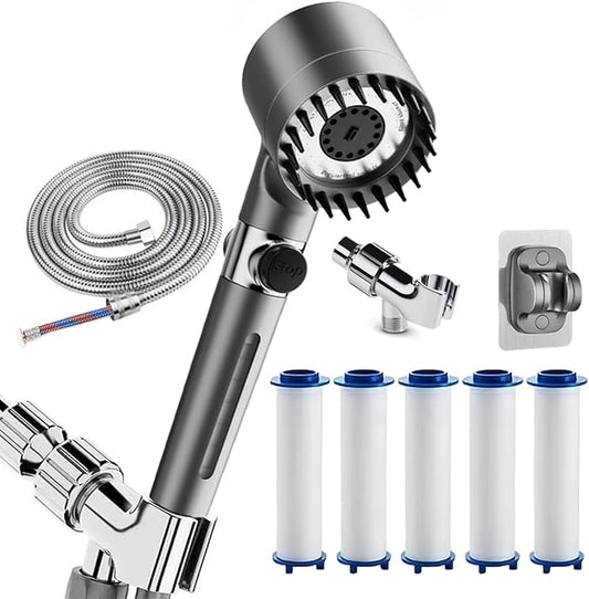 Shower Drops Head Filtered Showerhead With Five Filters,Filtered Shower Head With Handheld,High Pressure Turbo Showerhead,Reusable,Adjustable Settings With Hose 5-piece set
