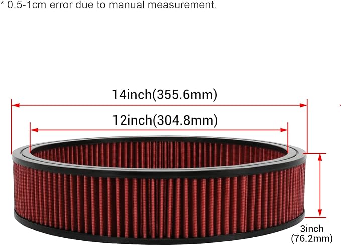 PTNHZ Red Round Air Cleaner Filter Element High Flow Replacement With Chevy Buick Ford GMC Oldsmobile Pontiac (14" x 3")