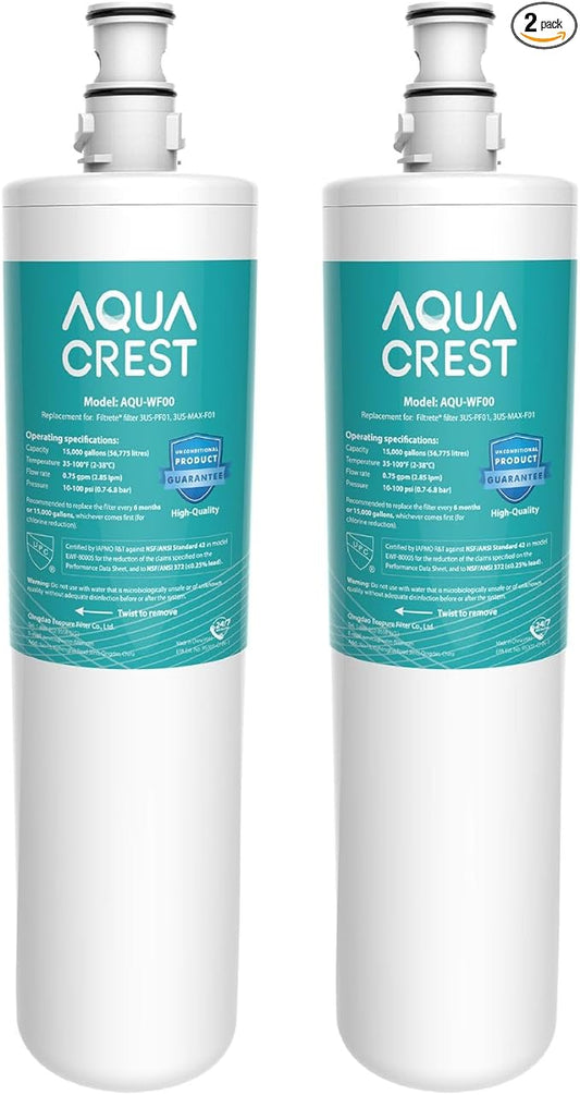 AQUA CREST 3US-PF01 Under Sink Water Filter, Replacement for Standard Filtrete® 3US-PF01, 3US-MAX-F01H, 3US-PF01H, Delta RP78702, Manitowoc K-00337, K-00338, HF20 HF25 HF27, NSF 42 Certified, 2 Pack